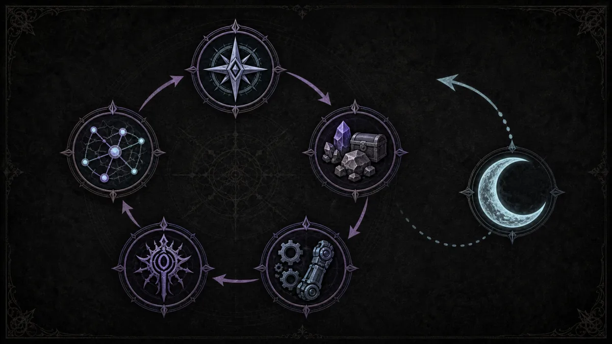 Withering Realms gameplay loop connecting exploration, materials, crafting, guardians, and revisits