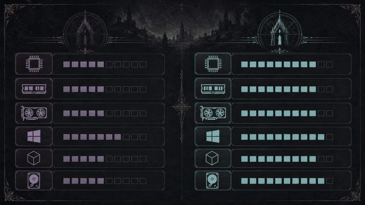 Minimum versus recommended Withering Realms PC specs shown as an editorial comparison