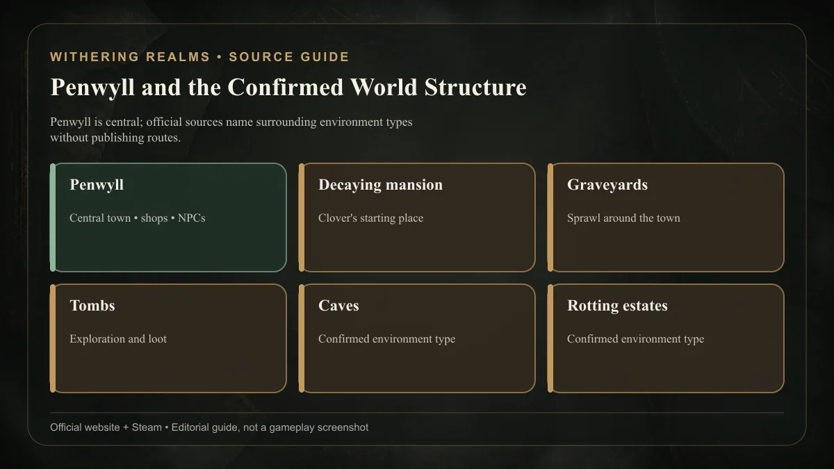 Withering Realms map structure showing Penwyll as a hub linked to confirmed environment types