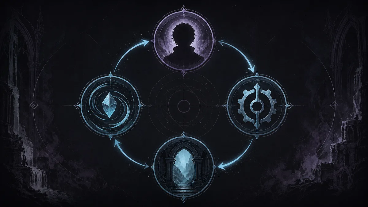 Withering Realms single-player structure connecting Clover, doll equipment, exploration, and persistent progress
