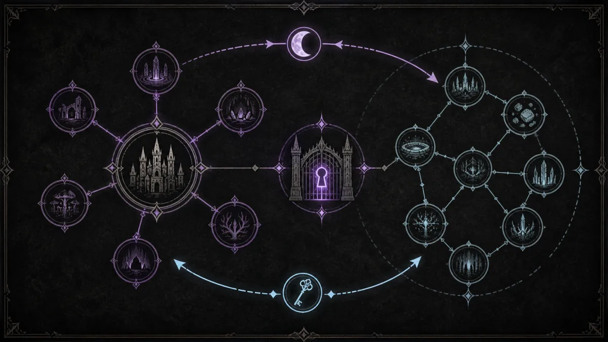Editorial Withering Realms world structure with a town hub, unlock gate, and return routes